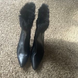 Anne Klein flex high heel boots fur cuff all leather